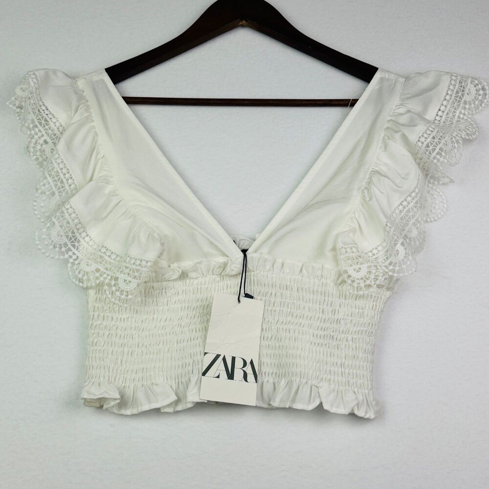 Zara NWT Smocked Lace Cottagecore Crop Top S